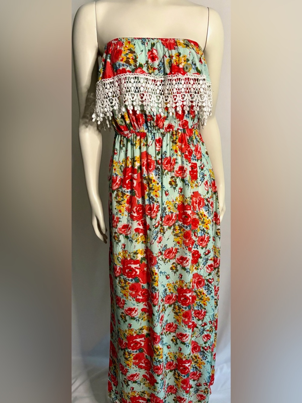 Mint Floral Strapless Maxi Dress with White Crochet Lace Tassel